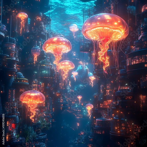 Explore the enchanting underwater city illuminated by glowing jellyfish in a stunning oceanic scene photo