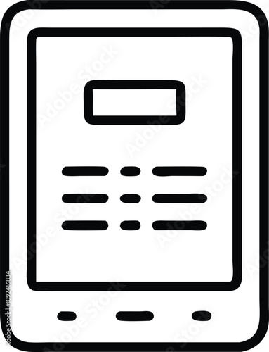 Minimalist E-Reader Device Line Art Icon, Black and white line art illustration of an e-reader device with a simple design, symbolizing digital reading and portable technology.
