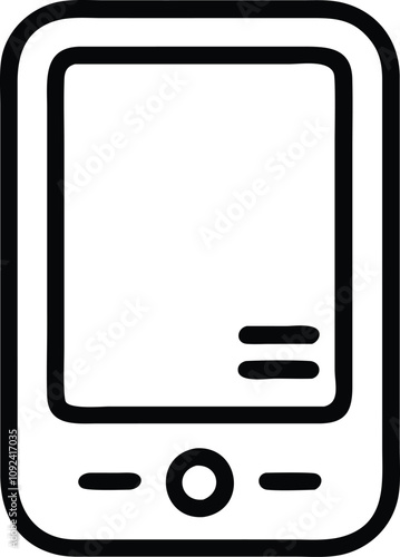 Minimalist E-Reader Device Line Art Icon, Black and white line art illustration of an e-reader device with a simple design, symbolizing digital reading and portable technology.
