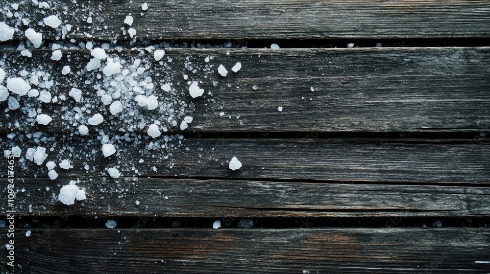 Fototapeta premium Sea salt scattered across a rustic, weathered wooden surface with deep cracks and a rich texture, creating a natural and organic feel.