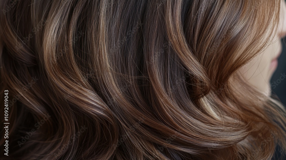 Naklejka premium Luscious Sunkissed Balayage Waves on Smooth Layered Hairshowcasing Rich Tones and Natural Gloss for a Beautiful Finish