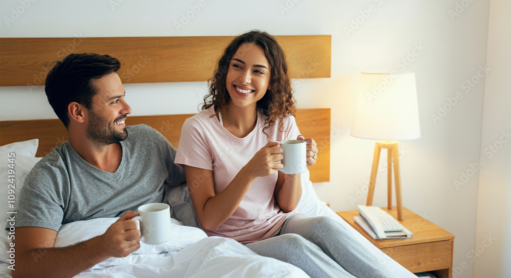 Smile, morning and love with couple in bedroom for romance, valentines day and marriage. Honeymoon, getaway and care with man and woman at home or staycation for anniversary retreat and relax