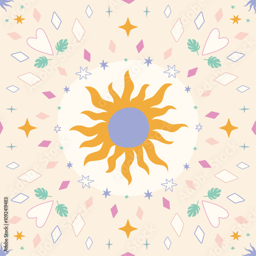 Modern magical seamless pattern with sun and stars