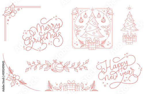Christmas typography design line collection with different seasonal corner, separator, main and frame elements