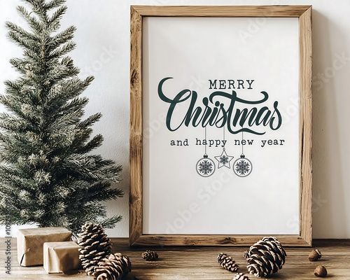 Vintage Christmas Greeting Card with Tree and Gold wooden photo frame Ornament Border