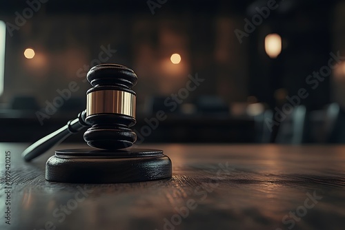 Close-up of a wooden gavel resting on a round wooden base in a courtroom setting with a blurred background, symbolizing justice, law, and authority in a professional environment. photo