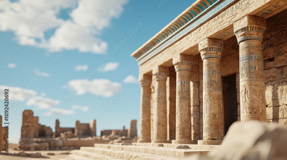 Fototapeta premium Ancient temple ruins under a clear blue sky with detailed stonework.