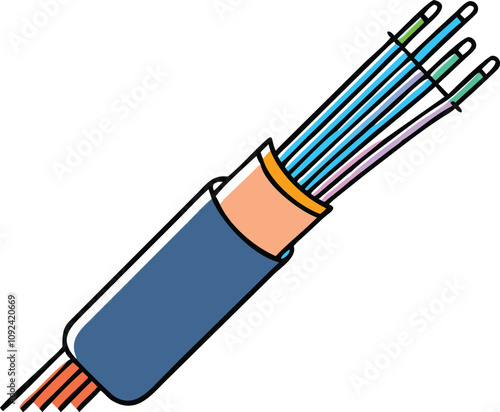 Fiber Optic Cable Illustration in Flat Design, Flat-style vector illustration of a fiber optic cable showing internal components, symbolizing high-speed internet, connectivity, and communication techn