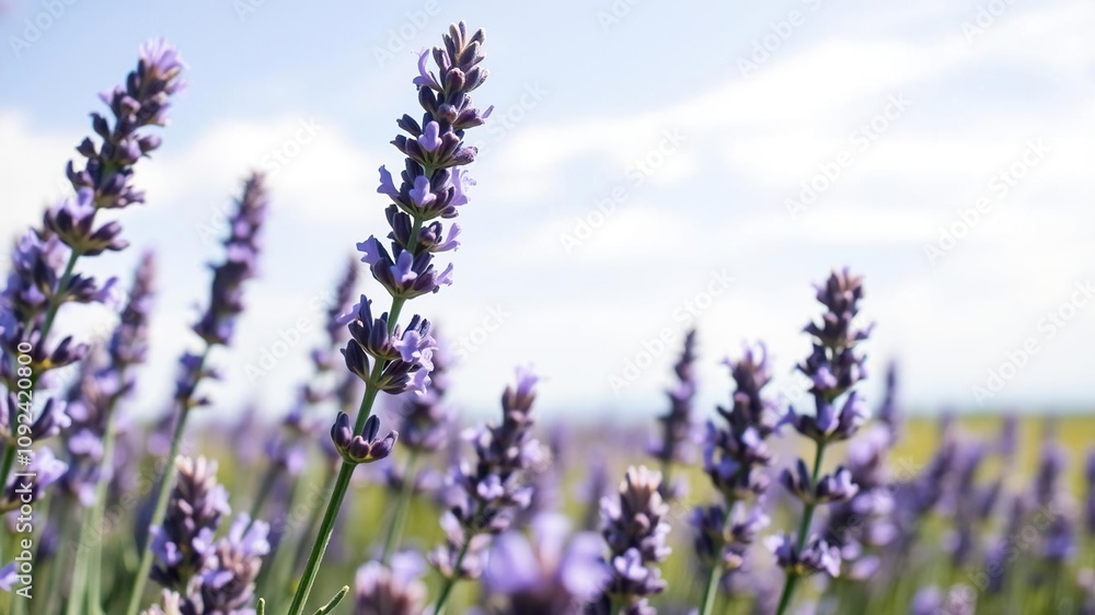 Obraz premium Close-up of lavender flowers in a field on a sunny day with a white background and a few wispy clouds, lavender fields, wildflowers, countryside landscapes