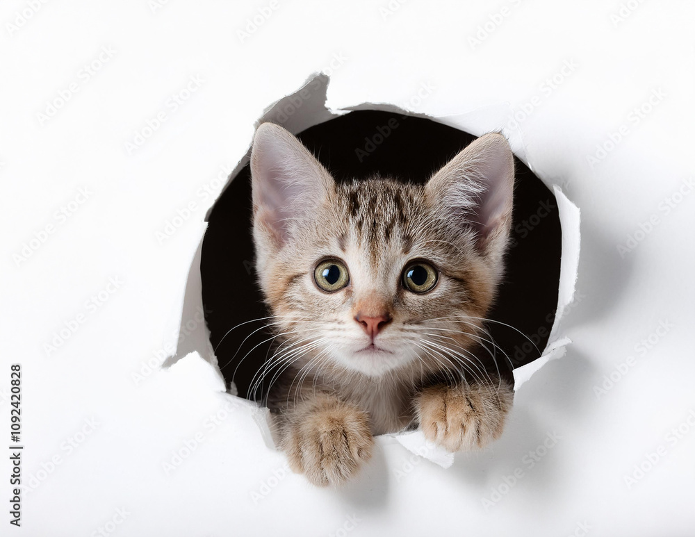Eine kleine getigerte Katze schaut durch ein Loch