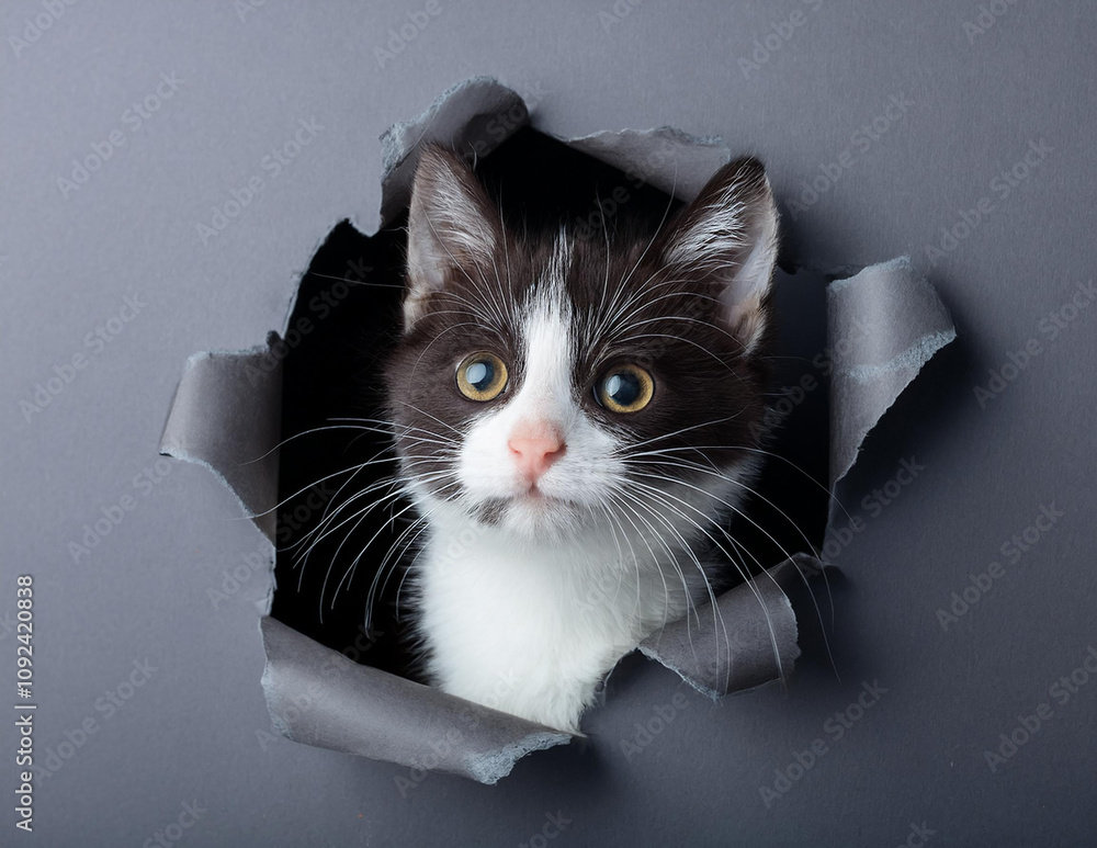 Eine kleine schwarz weisse Katze schaut durch ein Loch