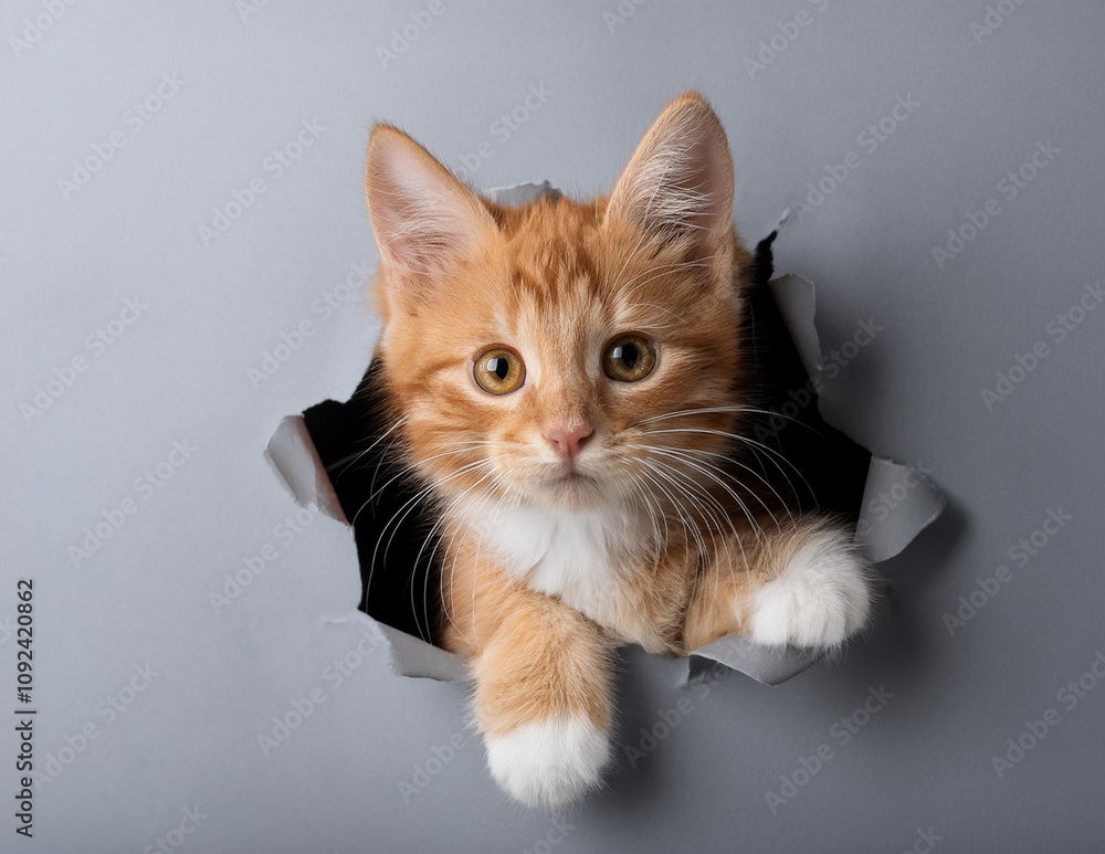 Eine kleine rote Katze schaut durch ein Loch