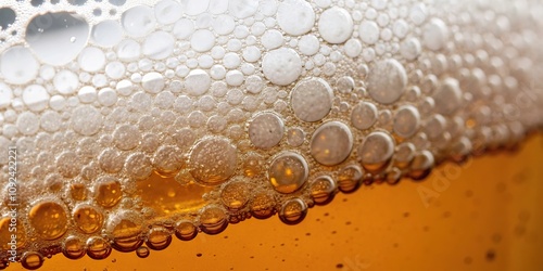 Close-up shot of foam on top of a beery liquid with bubbles forming, barware, foam topping, drinkware photo