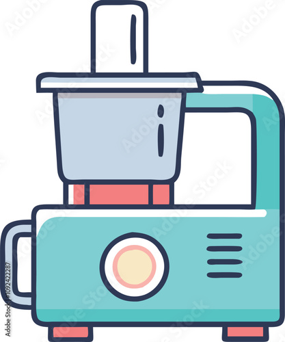 Colorful Food Processor Icon in Flat Design, Flat design icon of a food processor with vibrant colors, perfect for themes related to cooking, food preparation, and modern kitchen appliances.  
