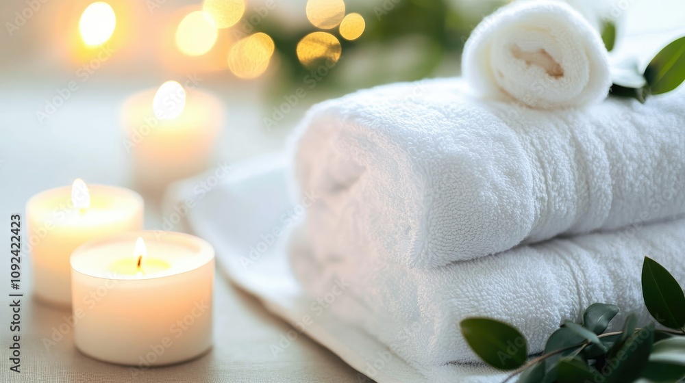 Relaxing spa scene showcasing soft white towels neatly stacked beside glowing candles, surrounded by subtle greenery and warm ambient lighting. Relaxing spa scene showcasing soft white towels neatly stacked beside glowing candles, surrounded by subtle greenery and warm ambient lighting.