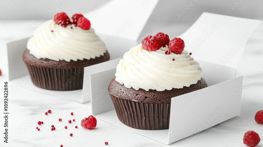 Takeaway cardboard box showcasing decorative chocolate cupcakes topped with swirls of cream and fresh raspberries against a minimalistic white backdrop. Takeaway cardboard box showcasing decorative chocolate cupcakes topped with swirls of cream and fresh raspberries against a minimalistic white backdrop.