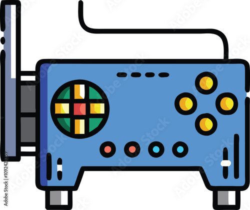 Colorful Graphics Card Icon with Connectors, Flat design icon of a graphics card in vibrant colors, featuring connectors and ports, perfect for gaming, hardware, and technology themes.  
