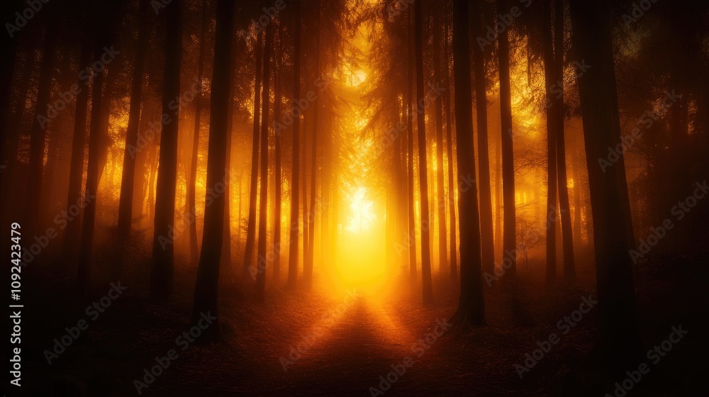 Naklejka premium Foggy forest path illuminated by golden dawn light, surrounded by towering trees creating an ethereal and tranquil atmosphere.