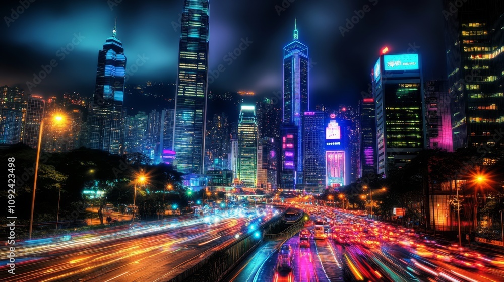 Fototapeta premium Vibrant Night Cityscape with Illuminated Skyscrapers