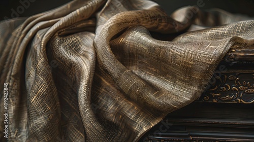 A close-up shot of a luxurious brown silk fabric draped over a vintage wooden chest. The fabric is textured and shimmering, creating a sense of elegance and sophistication.