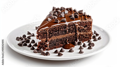 A slice of chocolate cake on a white plate with chocolate chips.