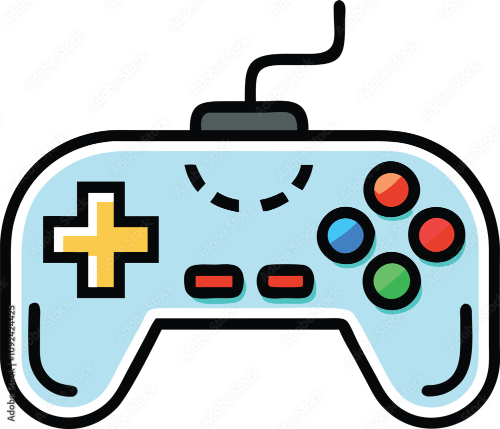 Wired Gaming Controller Icon in Flat Design, Flat design icon of a wired gaming controller with colorful buttons, ideal for video games, entertainment, and technology themes.
Wired Gaming Controller Icon in Flat Design, Flat design icon of a wired gaming controller with colorful buttons, ideal for video games, entertainment, and technology themes.