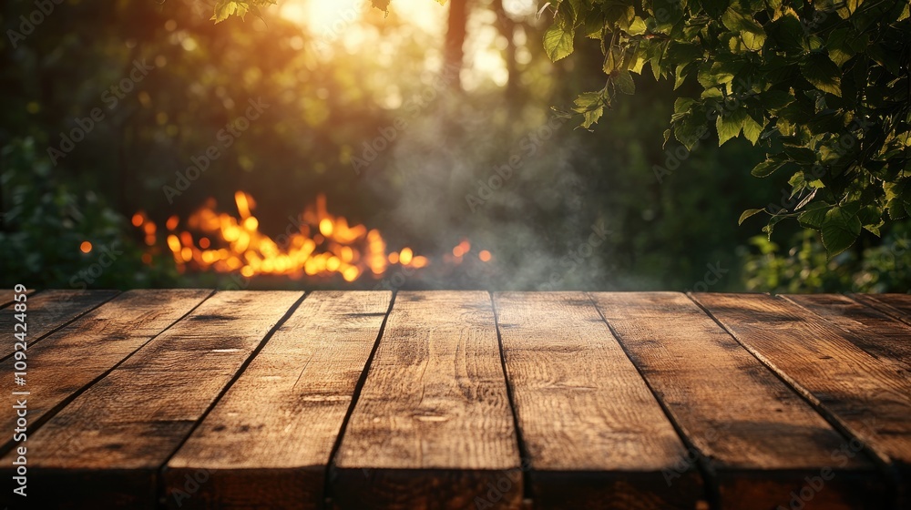 Wooden table in a rustic outdoor setting with soft barbecue flames and smoke glowing in the background, illuminated by warm sunset light. Wooden table in a rustic outdoor setting with soft barbecue flames and smoke glowing in the background, illuminated by warm sunset light.