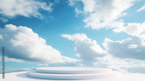 Blue sky with cloud background, White podium platform step, Minimal 3d display for cosmetic product presentation banner design