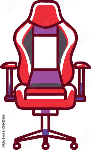 Ergonomic Gaming Chair Icon in Flat Design, Flat design icon of an ergonomic gaming chair with armrests, ideal for gaming, office setups, and comfortable workstation themes.
