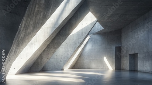 Abstract modern interior design highlighting sloped grey walls and dramatic sunlight illuminating an empty minimalist space reminiscent of a warehouse or garage with concrete textures. photo