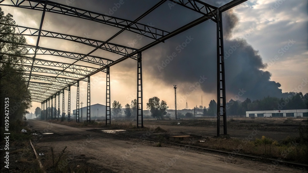 Obraz premium Dark metallic landscape with twisted metal beams and a polluted sky, metallic, toxic, rusty
