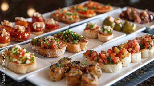 A vibrant spread of assorted appetizers showcasing traditional tapas and Italian bruschetta, featuring colorful toppings and garnishes elegantly arranged on stylish platters.