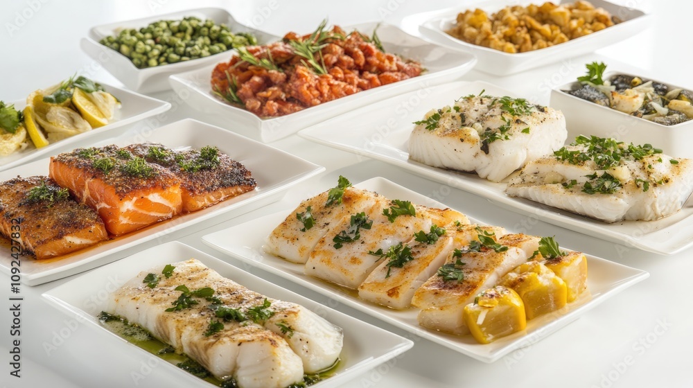 Assorted Mediterranean fish dishes beautifully arranged for a festive celebration featuring grilled and baked varieties garnished with herbs and served with vibrant sides. Assorted Mediterranean fish dishes beautifully arranged for a festive celebration featuring grilled and baked varieties garnished with herbs and served with vibrant sides.