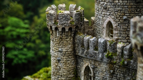 A meticulously crafted model of a medieval castle tower showcasing intricate stonework, turrets, and architectural features, surrounded by lush greenery in a natural setting.