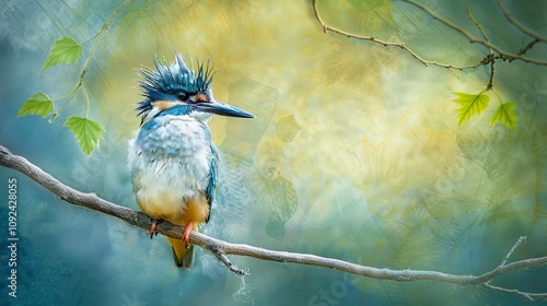 A vibrant blue and green kingfisher perched on a branch with a soft, colorful background. photo