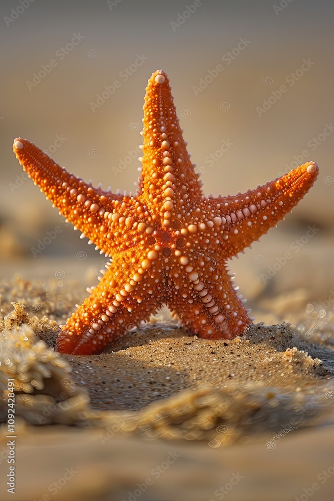 A vibrant orange starfish rests on a sandy beach, its five points radiating outwards. The gentle waves lap at the shore in the background. A vibrant orange starfish rests on a sandy beach, its five points radiating outwards. The gentle waves lap at the shore in the background.