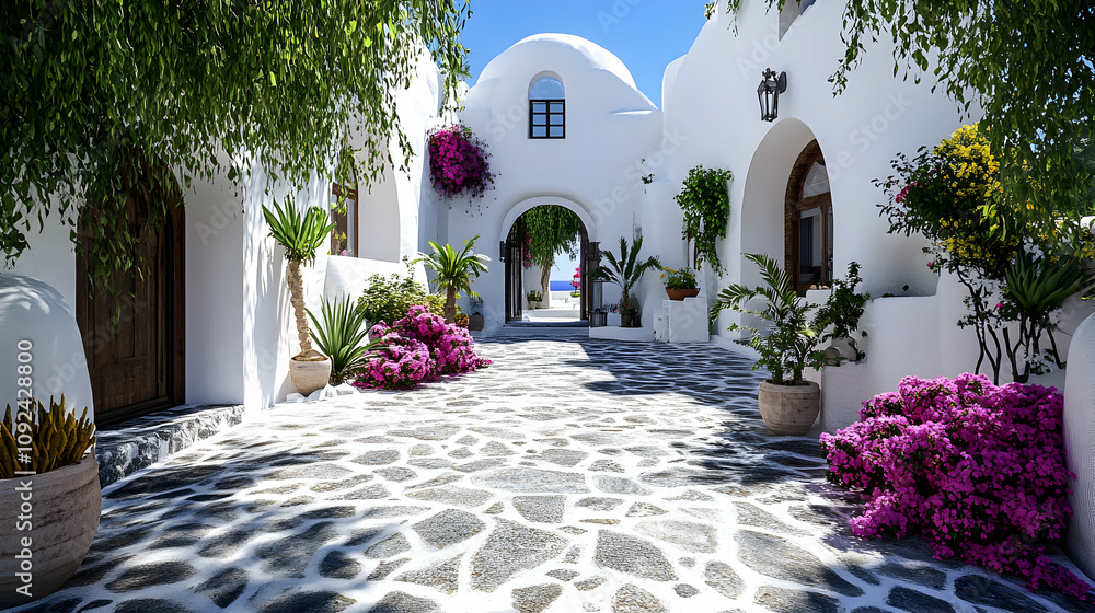 Fototapeta premium 3D Render of Sunlit Mediterranean Courtyard with Whitewashed Walls, Stone Paving, Lush Greenery, and Vibrant Flowers