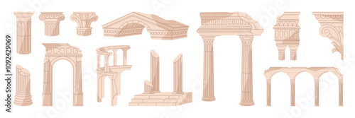 Set of ancient ruins. Broken Greek columns, damaged Roman pillars, arches. Dilapidated old Greece architecture. Abandoned Rome bas reliefs, arcs, buildings. Flat isolated vector illustrations on white