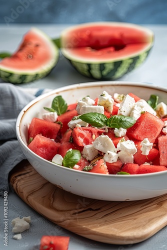 A white bowl filled with a refreshing watermelon and feta cheese salad, garnished with fresh basil.