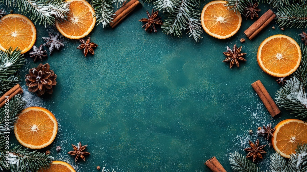 Top view of a frame with the concept of Christmas and New Year, filled with pine cones and branches, cinnamon, star anise, oranges, snowflakes and snow on a green background. Copy space, text space Top view of a frame with the concept of Christmas and New Year, filled with pine cones and branches, cinnamon, star anise, oranges, snowflakes and snow on a green background. Copy space, text space
