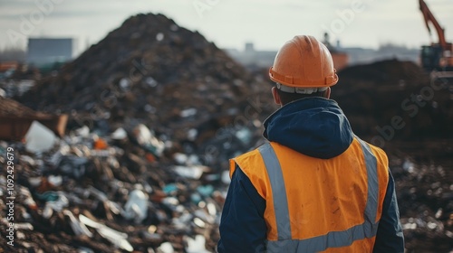 Worker in safety gear observing waste management operations, monitoring safety measures and progress at a landfill site surrounded by debris.