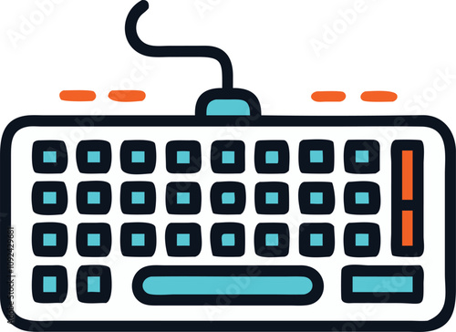 Flat design illustration of a wired keyboard in blue tones, ideal for technology, office, and gaming-related themes.
