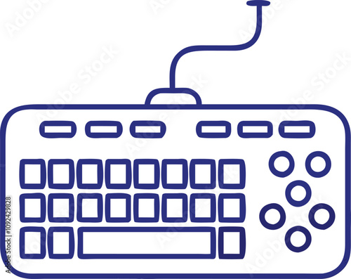 Flat design illustration of a wired keyboard in blue tones, ideal for technology, office, and gaming-related themes.
