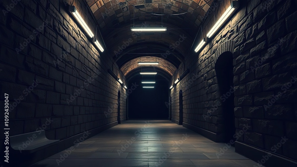 dimly lit corridor with old stone walls and flickering fluorescent lights, fluorescent, peeling paint, eerie dimly lit corridor with old stone walls and flickering fluorescent lights, fluorescent, peeling paint, eerie