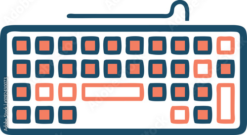 Flat design illustration of a wired keyboard in blue tones, ideal for technology, office, and gaming-related themes.
