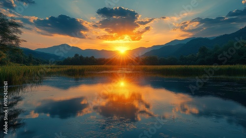 Serene Sunset Over Calm Waters with Reflections of Mountains and Clouds in the Background Creating a Peaceful Scenic Landscape