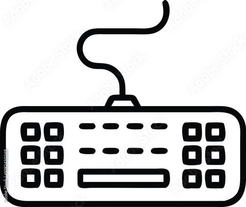 Minimalist Wired Keyboard Outline Icon, Black and white outline icon of a wired keyboard, perfect for technology, office, and computer accessory-related themes.
