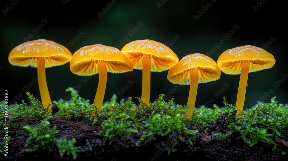 Fototapeta premium Vibrant yellow mushrooms on mossy log.