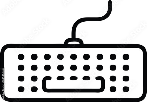 Minimalist Wired Keyboard Outline Icon, Black and white outline icon of a wired keyboard, perfect for technology, office, and computer accessory-related themes.
