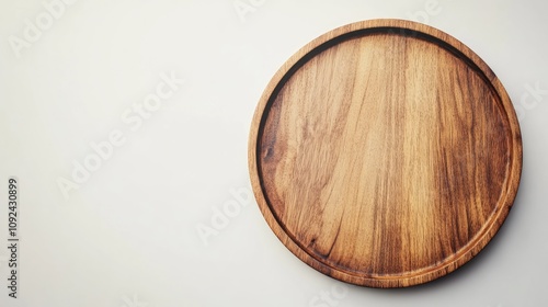 Aerial view of a round wooden serving tray showcasing rich grain patterns, positioned on a smooth, light-colored background, emphasizing its natural elegance and rustic charm.